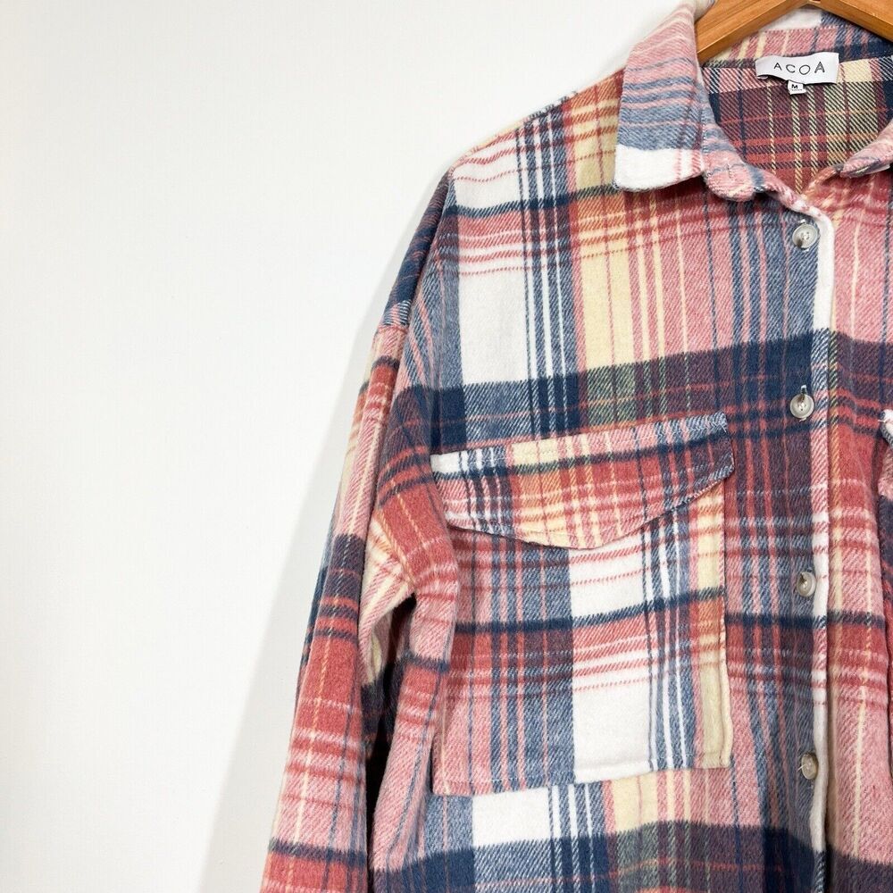 Acoa Wool Blend Oversized Button Up Shacket Shirt Jacket Rust Plaid Size M Basic - Picture 4 of 10